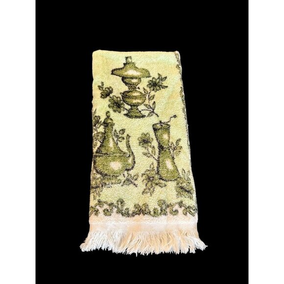 Vintage 70s Cannon Hand Kitchen Towel Dish Fringe Avocado Teapot Pepper Mill USA - Picture 1 of 8